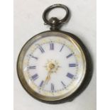 Laides continental white metal pocket watch with enamel dial, marked to inside of case .935. 36.8gms