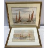 Two Ken Wigg gilt framed watercolours. Sail fishing boats offshore, 27 h x 36cms w, fishing boats