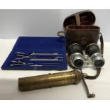 Leather cased French Le Fischer binoculars, Greek Alexander brass pepper mill and cased drawing set.