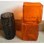 Waterford glass drunken bricklayer, 33cms h, crack to top with mid century grey bark effect vase.