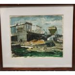 Framed painting, James Neal, 66, Construction Site. 23cms h x 28cms w.