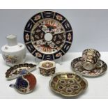 Royal Crown Derby inc small plate 18cms, pin dishes. Robin figure, lidded box and a poises vase.