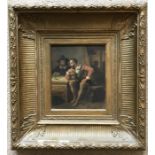 A gilt framed oil painting on wood panel. Cavalier gentlemen inn scene. 18 h x 14cms.