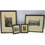 Four Marion Rhodes signed etchings, View from St Pauls, Langley Old Hall Huddersfield, Thaxted and