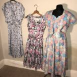 Three 1950's dresses, 2 sundresses, 1 blue/black pattern (lost label) 1 patchwork pattern, cotton