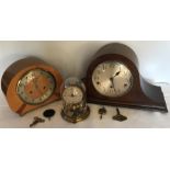 Smiths walnut cased mantle clock, oak Napoleon hat clock and a Schatz dome cased Anniversary clock.