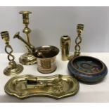 Metalware including pestle and mortar, cloisonne dish, candlesticks, candle snuffers on stand.