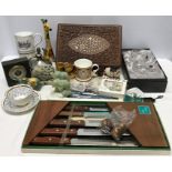 Mixed lot, carved teak box, Edinburgh Crystal, Hangford Forge carving set, puzzle and jadeite