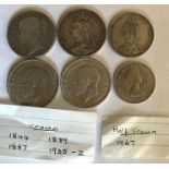 Assorted British Crown coins, 1844-1887-1889, 2 x 1935 together with a 1967 half crown.