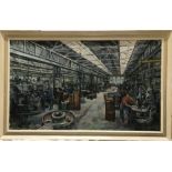 Large framed oil paintings on canvas, James Neal '64' Industrial Engineers Factory interior scene,