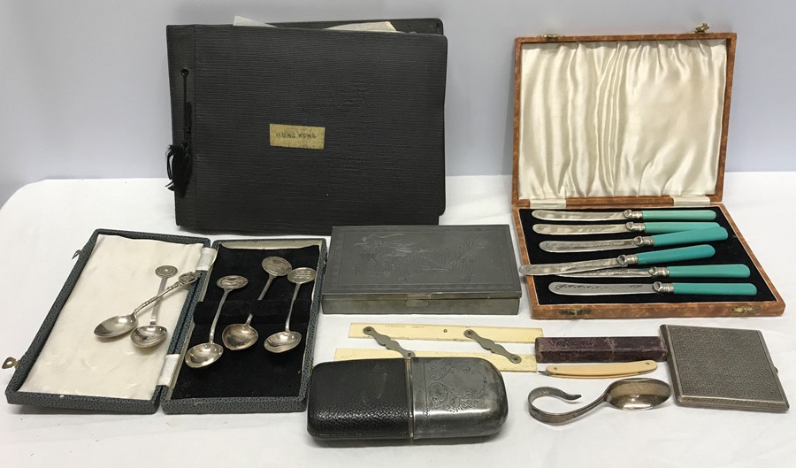 Miscellany to include hip flask, mid 20thC Hong Kong photograph album, various continental silver