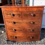 A mahogany 19thC bow fronted chest of drawers, 2 short over 3 long.