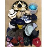 Large collection of hats, Mexican hat, straw hats, safety hats, school caps, cowboy hat, ladies hats