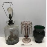 Engraved glass lustre, one droplet a/f, green glass vase 21cms h and a ship in a bottle tale lamp