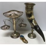 Horn on decorative EPNS mounts with 19thC shoe pin cushion and 19thC EPNS epergne.