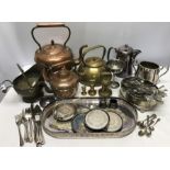 Silver plate, copper and brassware, kettles, bell weights, coffee pot, tray, coasters, goblet,