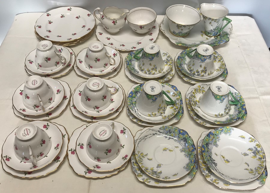 Two part tea sets, falling leaf pattern, art deco style and Colclough Rose pattern 26 pieces.