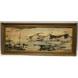 Gilt framed ink and watercolour, lake scene with boats, indistinctly signed. 23cms h x 64cms w.