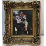 Decorative gilt framed Vienna pottery plaque, children in countryside, plaque 26 h x 21cms w.