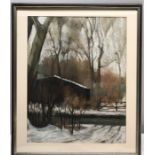 Ken Bell framed painting on paper, Woodland barn scene. 58 x 45cms.