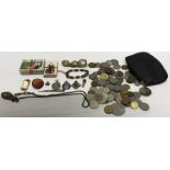 Miscellany to include Fumsup WW I charm, silver medals, bracelets, agate brooch, continental coins