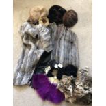 Shaved Chinchilla stole, grey mink bolero stole, 2 mink hats, mink tails, mink ear muffs, vintage