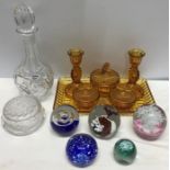 Glassware, amber dressing table set, Bohemia decanter lidded jar and 5 paperweights inc 2