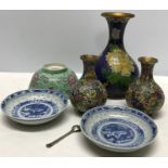 Early 20thC Chinese Cloisonne vases, bowl, dishes and spoon. 16cms l.