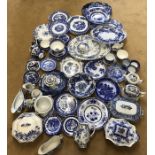 A very large quantity of mainly 19thC blue and white ceramics including tureens, teapots, jugs,