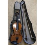 A Vintage Violin in case with 2 bows. 60cms from head top to bottom body.