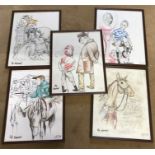 Set of 5 framed drawings. Horse racing scenes. Trainer, Owner, The Champion, The refusal and The