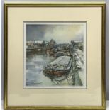 Tom Harland - Gilt framed signed Ltd Edition print 66/75 , The Silent River Hull, barges, snow