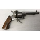 Belgian 6 shot Pinfire revolver, single rifle barrel and bead foresight, half side opening loading
