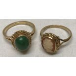 Two 9ct gold dress rings, 1 set with a shell cameo, size L, the other set with greenstone, size M.