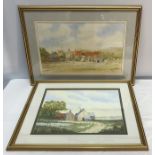 Pair Ken Wigg watercolours. Goathland 28cms h x 44cms w and farmhouse scene, 27 h x 36cms.
