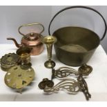 Brassware to include jam pan, piano sconces, Indian brass and copper kettle.