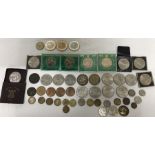 Coins to include 3 x £5 coins, Churchill Crowns, Louis XVI coin, fifty pence pieces etc.