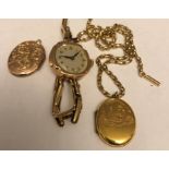 A 9ct gold cased ladies wristwatch, 9ct chain and two lockets with gold back and front. 38.1gms in