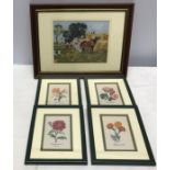 Set of 4 framed silk pictures, flowers and a framed silk picture scene.