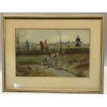 Framed watercolour painting, hunting scene, signed indistinctly L.R. 25cms h x 38cms w.