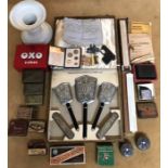Mixed lot inc cased vanity brush set, vintage tins, pottery stand, lacquer boxes, rolls razor,