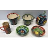Studio art pottery Pru Green, Wivenhoe, 2 mugs, 2 small bowls, small mug and a lidded jar.