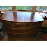 A 19thC three height mahogany bow front chest. Replacement handles. 53 d x 86 h x 108cms w.