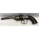 A 19thC English 'Transitional' 6 shot revolver with top hammer and single rifle barrel chequered