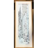 Framed dip pen and ink acrylic on paper. Clare Caulfield, Empire State Building. NY. 76 x 20cms.