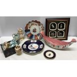 Mixed lot inc Satsuma plate, 22cms d, pair of small vases, framed white metal emblems, Maling