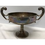 Hallmarked silver pedestal bowl with scroll handles, Chester 1913/14. 423gms approx.