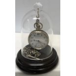 A silver cased pocket watch 'Record Dreadnought' and chain with novelty case. Total weight of