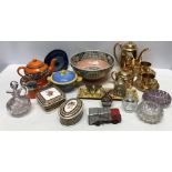 A mixed lot, Maling lustre bowl, gilt part tea set, Wedgwood lidded boxes, crystal stone, glass