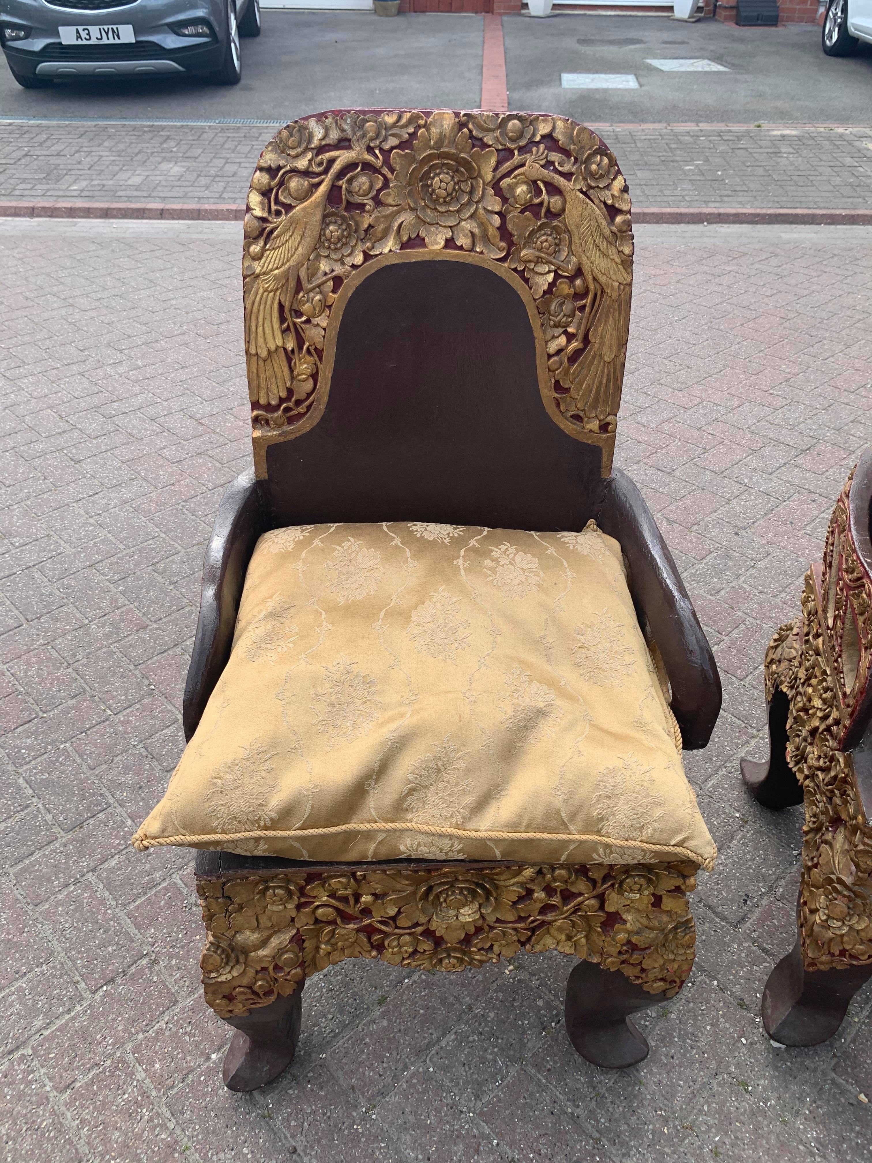 A pair of early 20thC Tibetan ceremonial chairs with gilt decoration to top. - Image 11 of 13